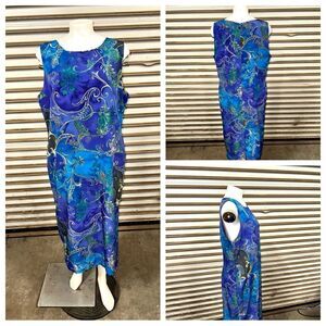 Vintage Koret sheath lined maxi dress shades of blue with gold accent floral